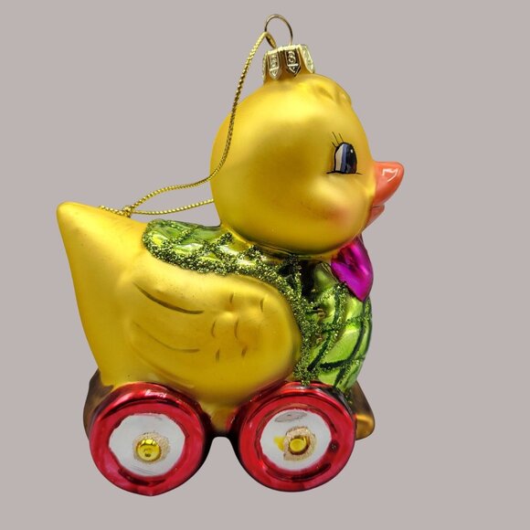 Holiday Duck Pull Toy Glass Ornament Christmas Tree Home Decor - Picture 2 of 15